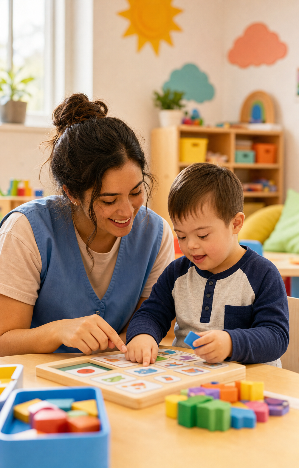 A caregiver helping a young child use adaptive learning tools in a bright classroom.